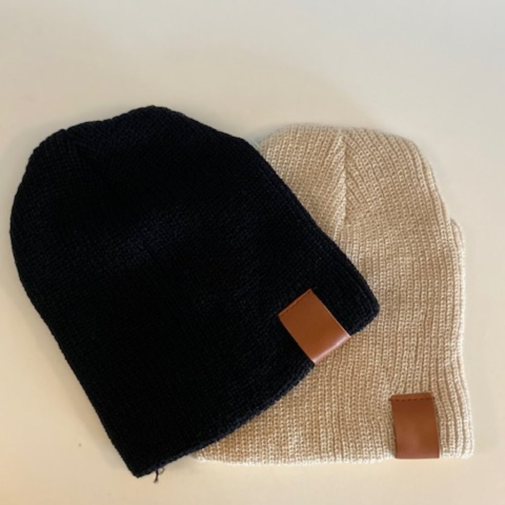 Kids Unisex Beanie, Black and Beige Leather Tag Combo